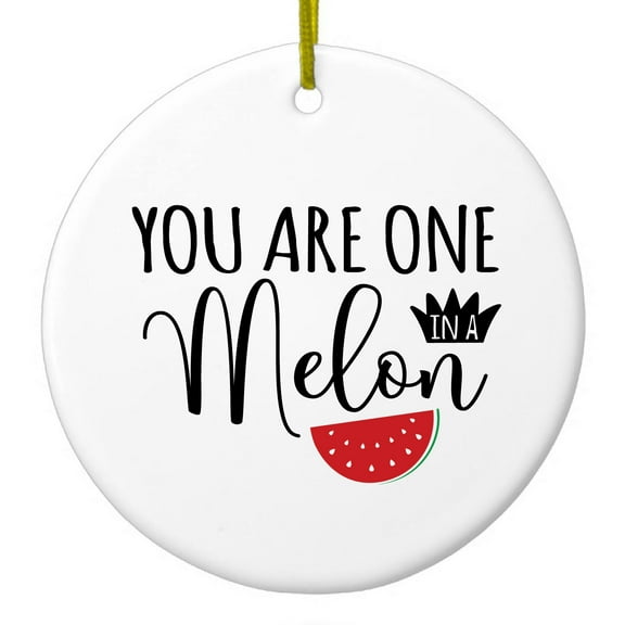 DistinctInk Hanging Ceramic Christmass Tree Ornament with Gold String - Great Gift / Present - 2 3/4 inch diameter - You Are One in a Melon Watermelon