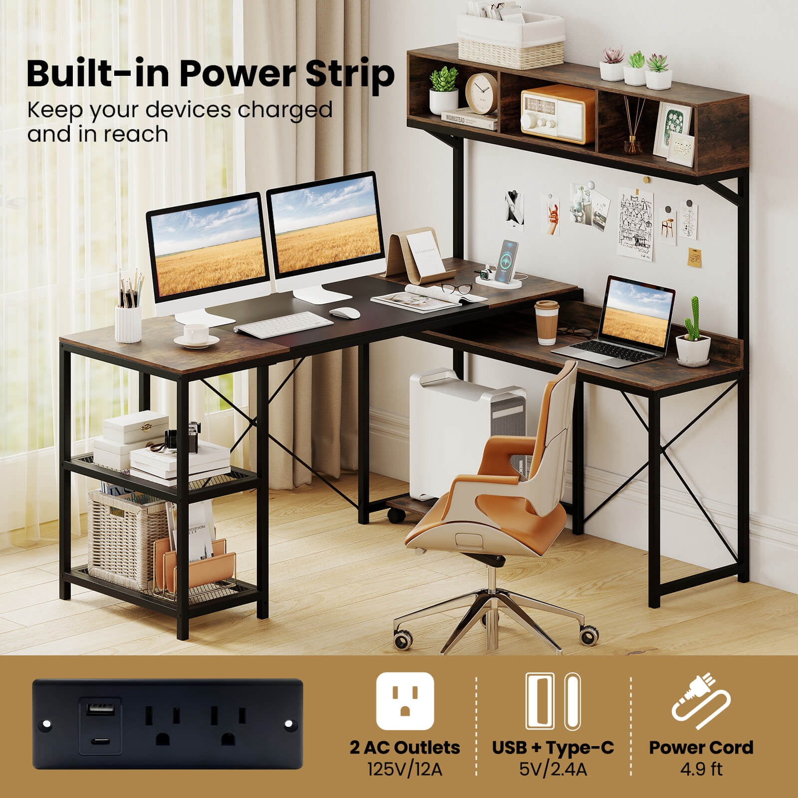 Costway L-Shaped Computer Desk with Power Outlets, 62” Corner Desk with Storage Hutch