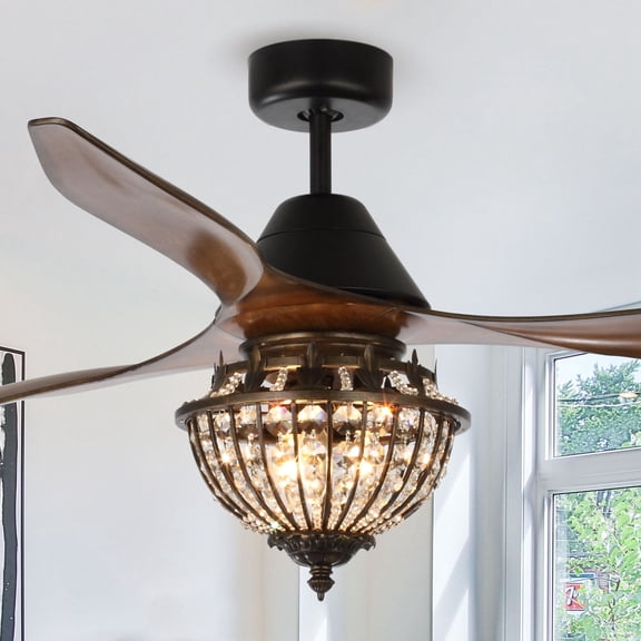 Parrot Uncle 52" Farmhouse 3-Blade Crystal Ceiling Fan with Remote and Light Kit, Chandelier Ceiling Fan