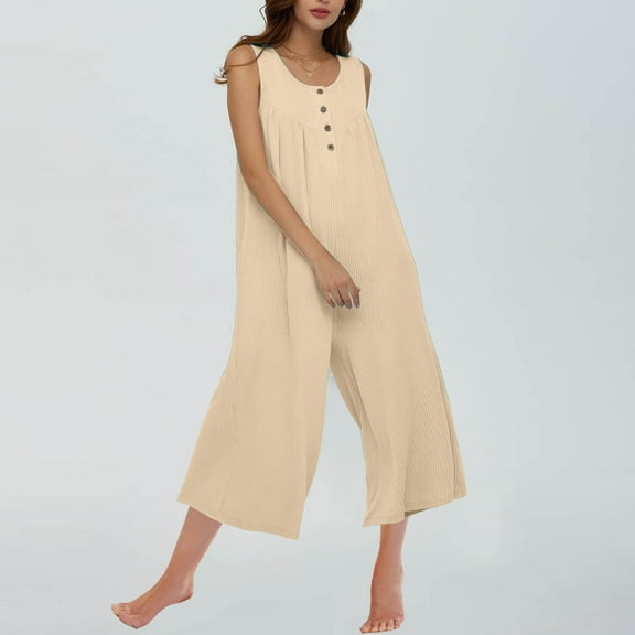 Summer Tank Top Jumpsuit for Women Casual Button Down Ribbed Capris Jumper with Pocket One Piece Wide Leg Loose Outfits, Khaki, XL