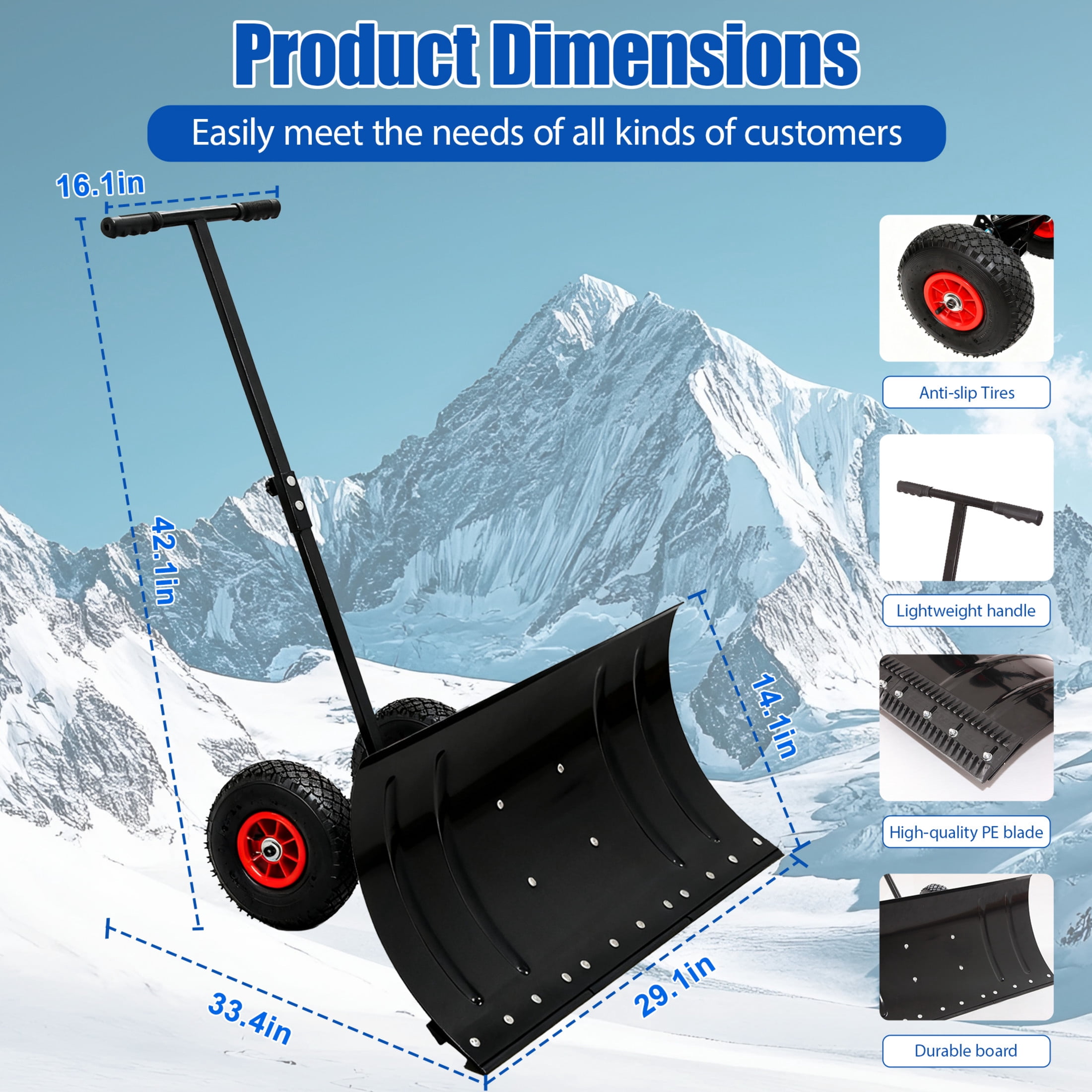 Noble House 30" Metal Snow Shovel Pusher with Single Rod, Rubber Wheels and Adjustable Handle, Heavy Duty, Black