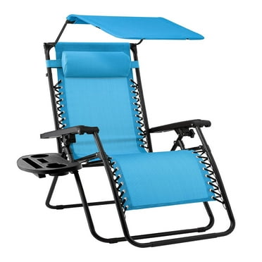 Outdoor Folding Zero Gravity Recliner, Patio Lounge Chair w/Adjustable Canopy Shade, Headrest, Side Accessory Tray, Textilene Mesh - Light Blue