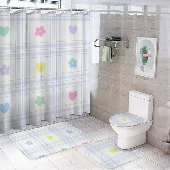 Purple Lavender Print Shower Curtain Set 4PCs with Hooks Waterproof Bathroom Toilet Mat Lid Decor
