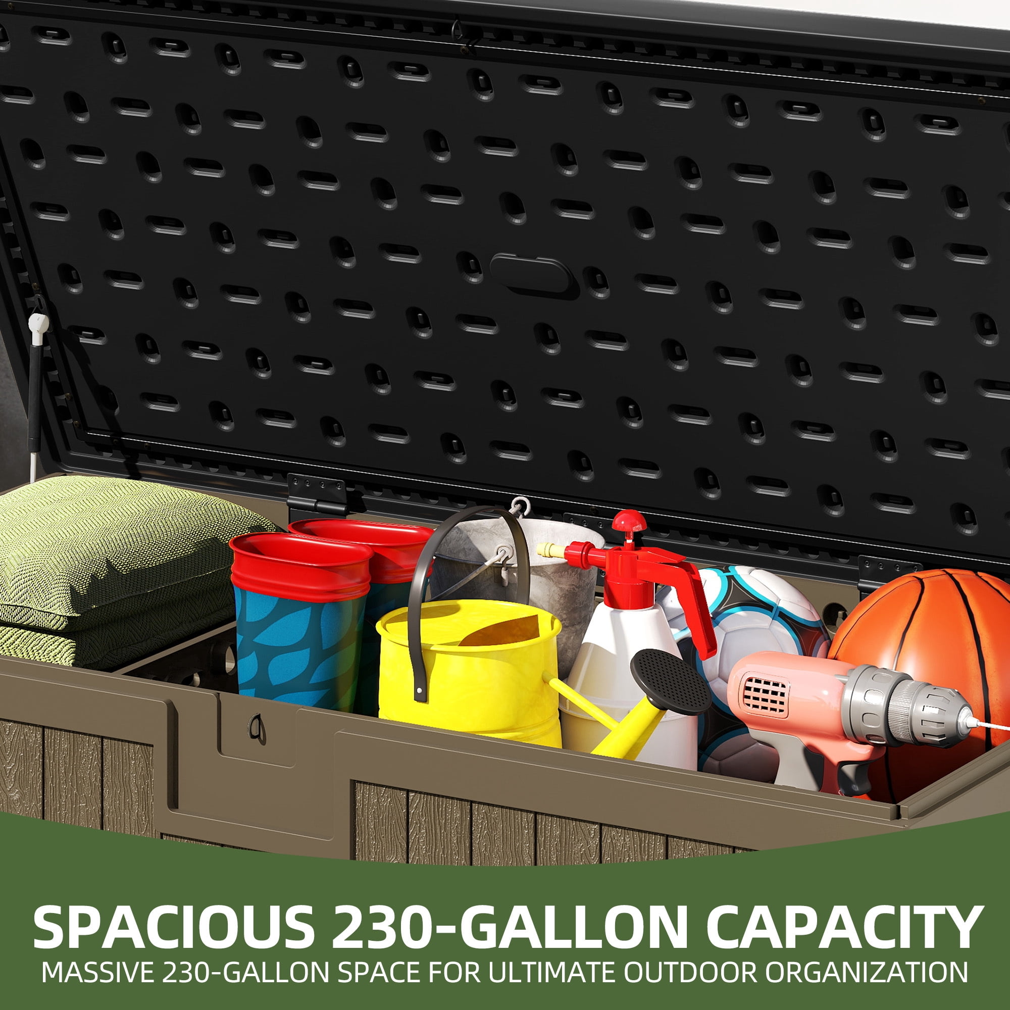 Uforic XXL 230 Gallon Large Deck Box, Outdoor Storage for Patio Cushions, Garden Tools, Flexible Divider, Waterproof, Lockable, Black & Brown