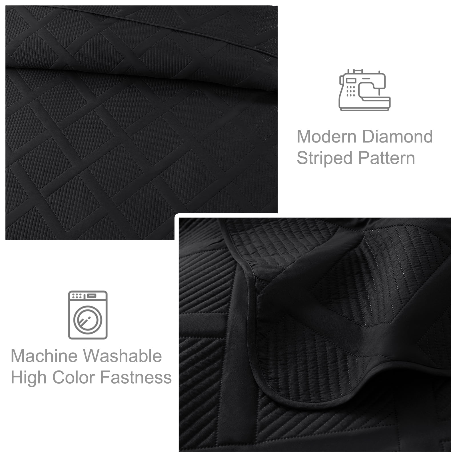 Exclusivo Mezcla Ultrasonic California King Quilt Set, 3-Piece Lightweight Bedspreads Modern Striped Coverlet, Black