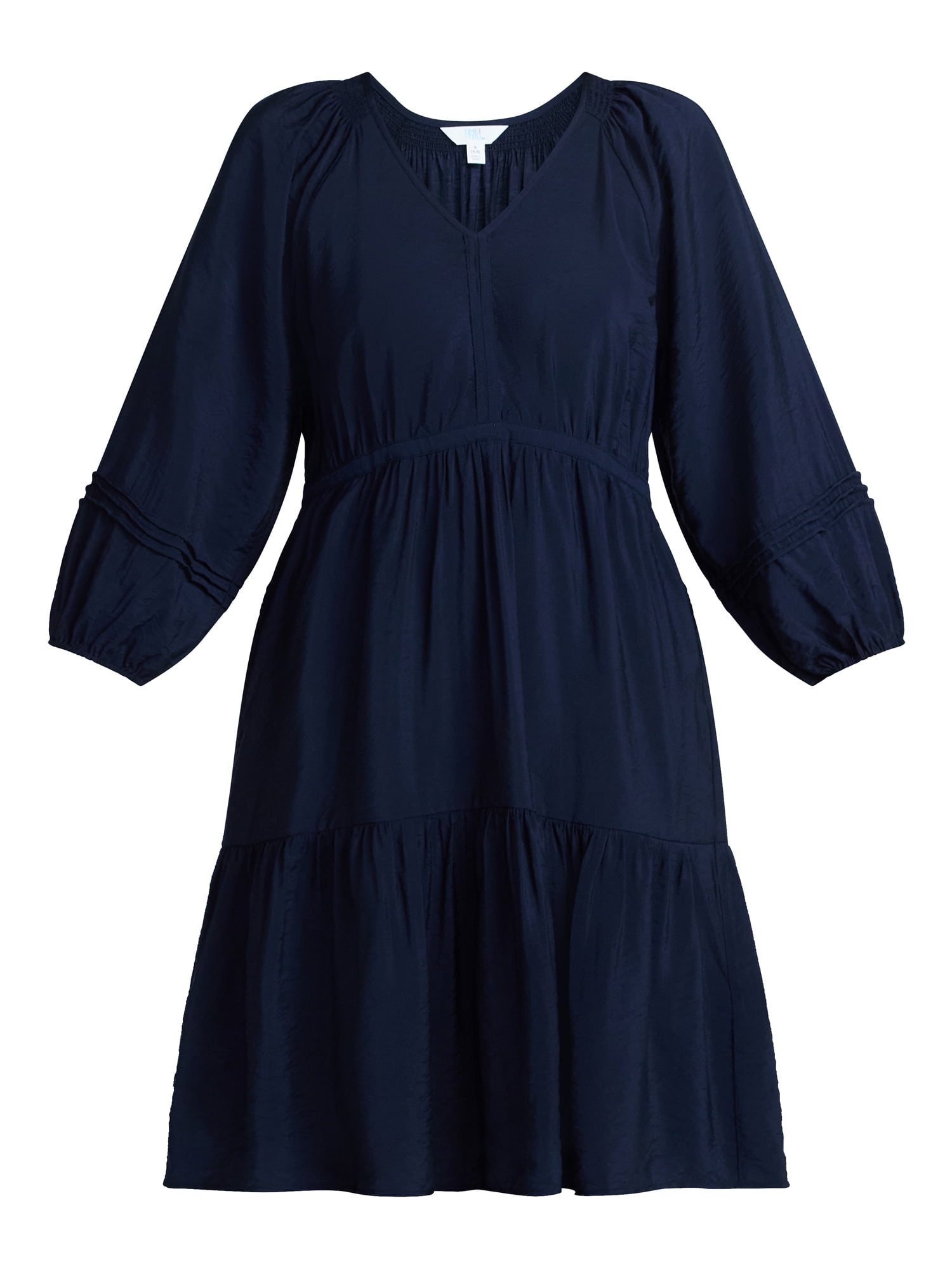 Time and Tru Women's Tiered Mini Dress with ¾ Sleeves, Sizes XS-XXXL