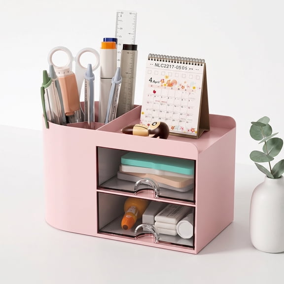Office Desk Organizer with Drawer, Multi-Purpose Stationery Storage Box, Business Card, Pen, Pencil and Phone Holder, Pink