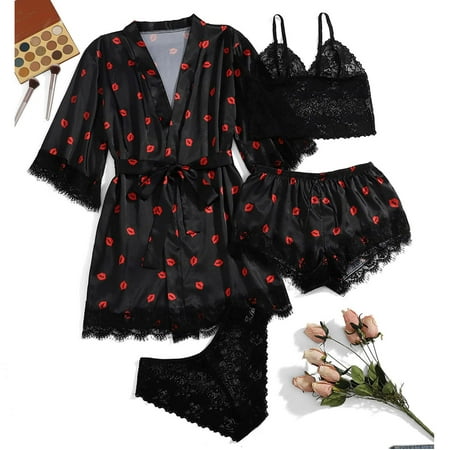 

Munlar Robes For Women Christmas Loungewear For Family Women Plus Size Sexy Lingerie Silk Robe Satin Bathrobe Four-piece Set Sleepwear Pajamas