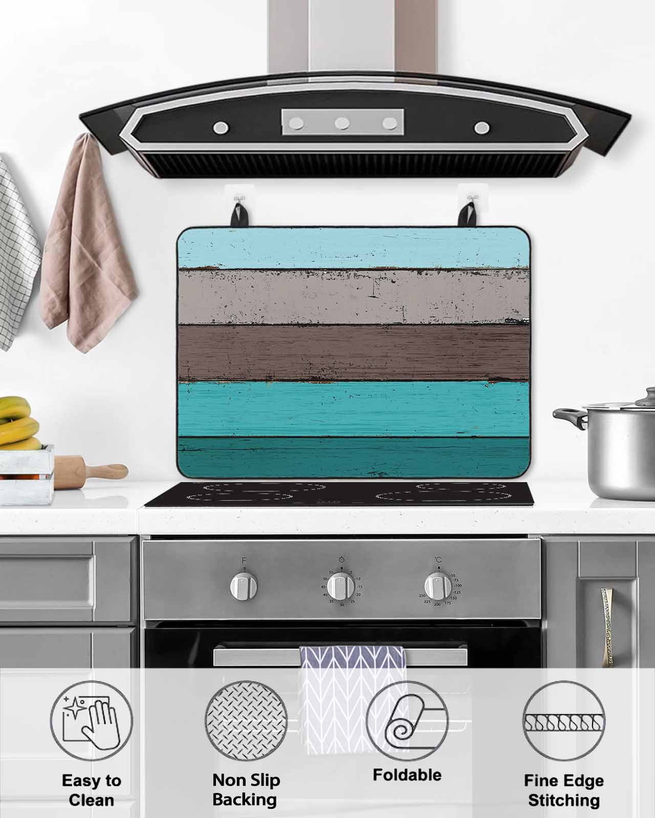 nqOlkjepod Large Induction Cooktop Protector Mat 24"x21", Aqua Grey Stove Top Covers for Electric Stove, Vintage Stripe Farmhouse Wood Grain Ombre Stove Burner Cover Mats, Glass Top Stove Cover