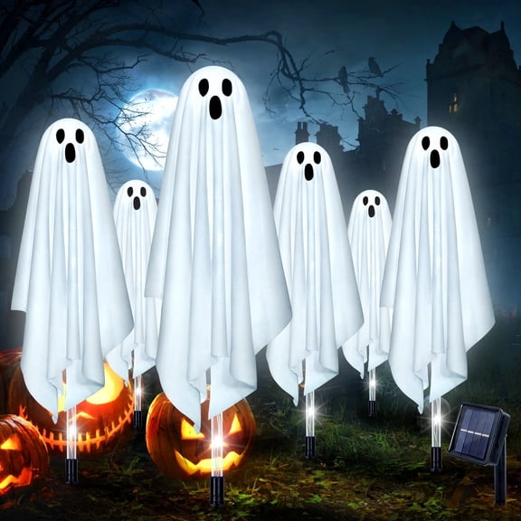 Qoosea Halloween Decorations Outdoor, 6 pack Light up Spooky Ghosts with 8 Modes LED Light - Scary Standing Ghosts Decor for Front Door Porch Yard Home Party