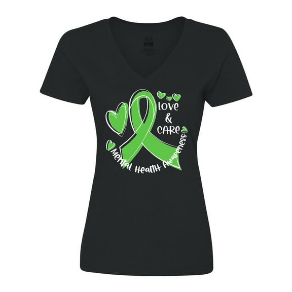 Inktastic Love and Care Mental Health Awareness Green Ribbon Women's V-Neck T-Shirt