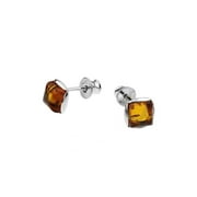 Small square post Earrings with Cognac Color Baltic Amber in Sterling Silver