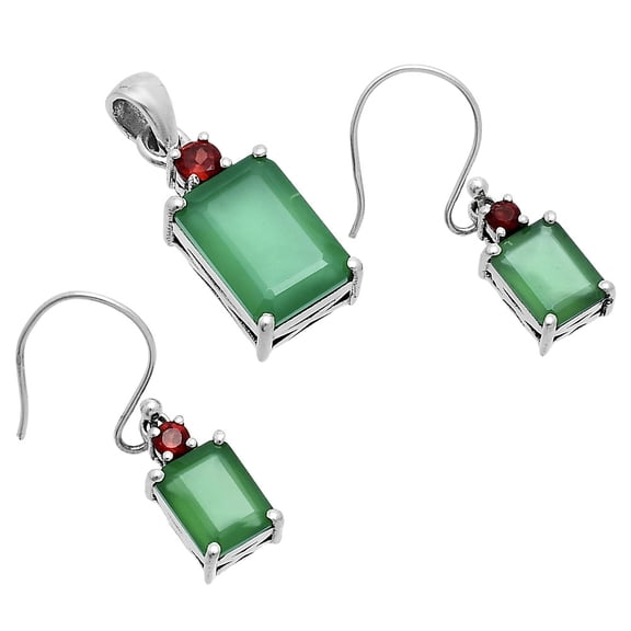 Green Onyx & Garnet 925 Sterling Silver Pendant Earrings Jewelry Set T-1019 AGT1009_A
