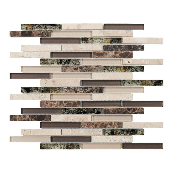 Modket TDH339NS Travertine Brown Emperador Dark Marble Stone Beige Glass Brick Joint Mosaic Tile