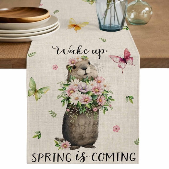 Rustic Groundhog Cotton Linen Table Runner for Dining Kitchen, Spring Floral Butterfly Botanical Wedding Outdoor Party Tablerunners Decoration, Dresser Scarf Coffee Tablecloth Runners 13x36 Inches