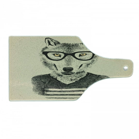 Hipster Cutting Board, Hand Drawn Design Portrait of Happy Wolf in Stripped T Shirt and Glasses, Decorative Tempered Glass Cutting and Serving Board, in 3 Sizes, by Ambesonne