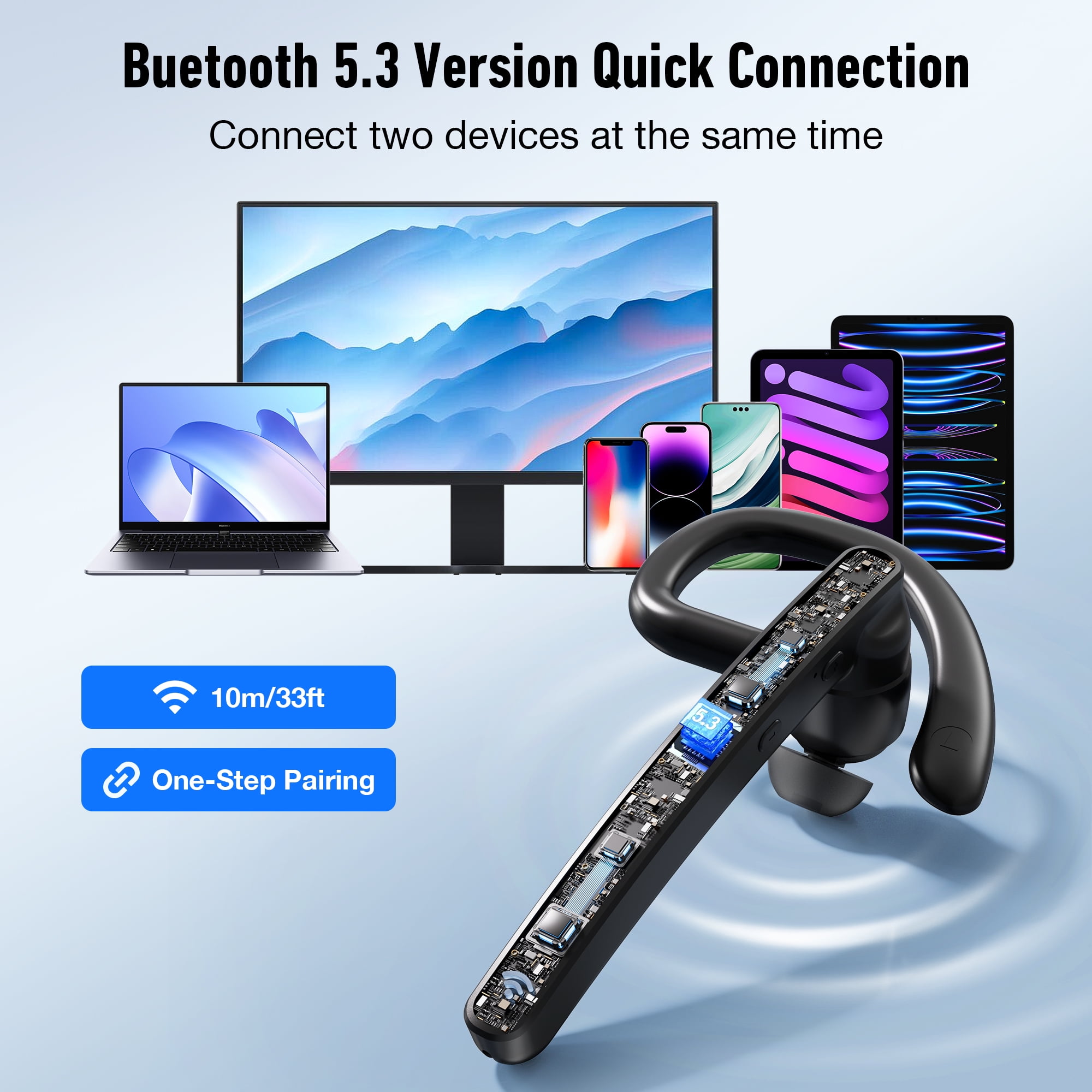Bluetooth Headset, Single-Ear Wireless Earpiece with ENC Mic with HiFi Stereo Sound, 110H Playtime, Handsfree Waterproof Wireless Headset with 600mAh Charging Case