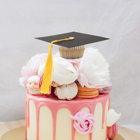 Tineasur 20Pcs Black Graduation Cap Cupcake Toppers with Tassel for Party Candy Decorations