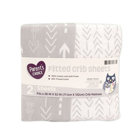 Parent's Choice 100% Cotton Fitted Crib Sheets, 2-Pack, Grey Arrows