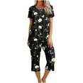 thumbnail image 3 of BiZtdJrK Womens Floral Print Pajama Sets Short Sleeve Sleepwear Tops and Capri Pants Pjs Set Comfy 2 Peice Loungewear Black M, 3 of 6