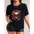 thumbnail image 1 of Floral & Skull Print Casual T-Shirt, Short Sleeves Round Neck Stretchy Sports Tee, Halloween Women's Tops, 1 of 7