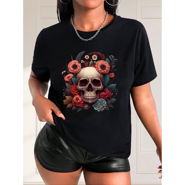 Floral & Skull Print Casual T-Shirt, Short Sleeves Round Neck Stretchy Sports Tee, Halloween Women's Tops