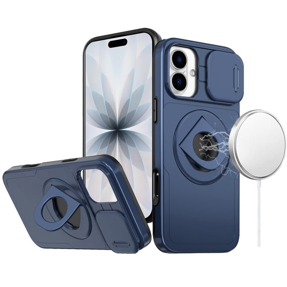 For iPhone 17 Trendy Full Coverage with Camera Window [Magnetic Circle] with Rotational Ring Stand Hybrid Case - Navy Blue