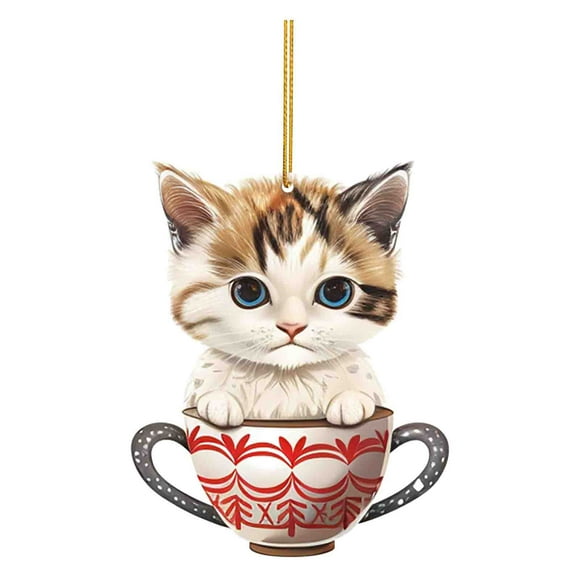 New Teacup Cat Christmas Tree Ornament Mini Acrylic Flat Pendant Cute K Itten Pendant 2D Party New Year Christmas Crafts