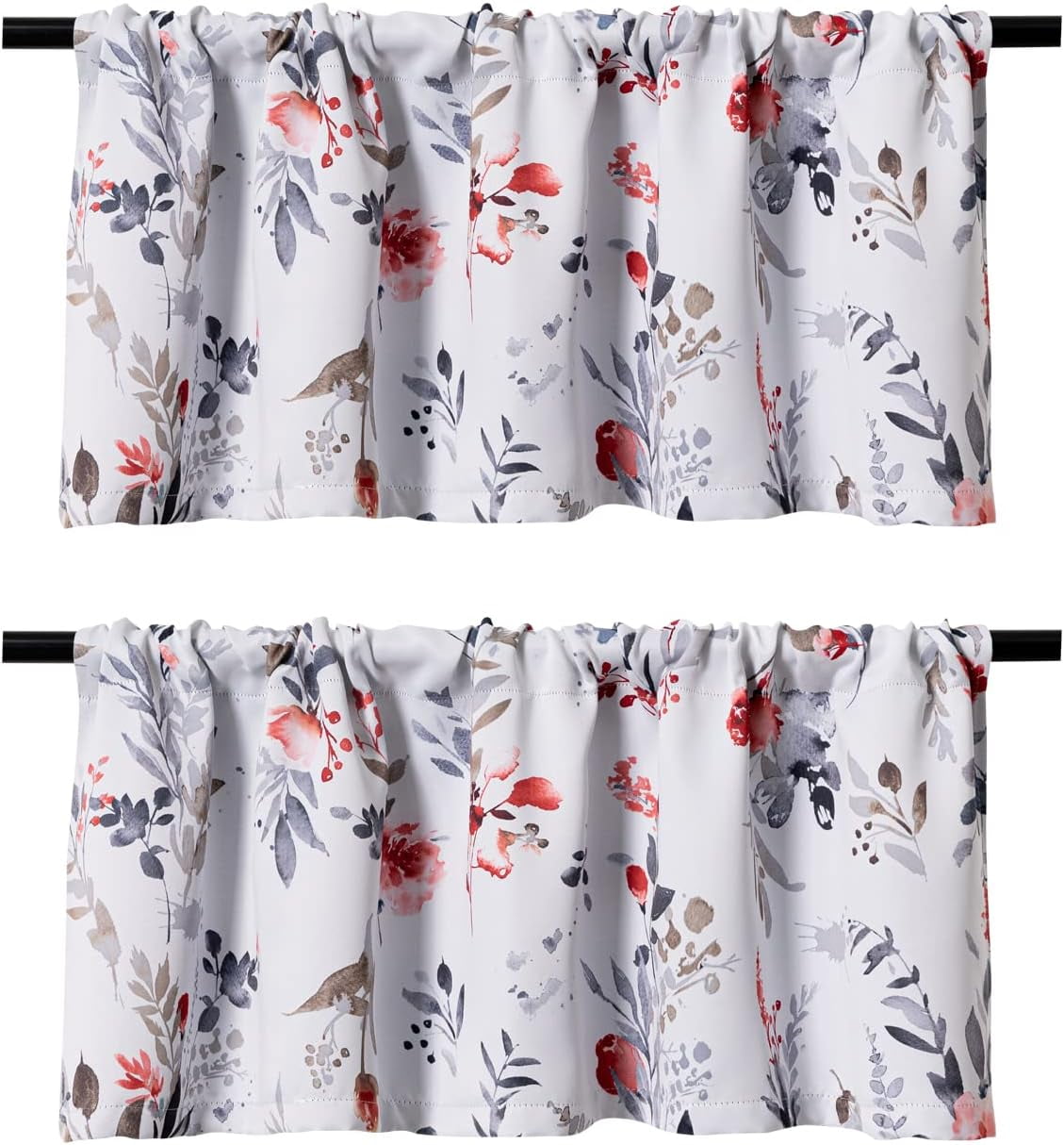 2 Pack Blackout Window Valance, 18 Inches Long Kitchen Window Curtains Over Sink Rod Pocket Pattern Valance for Bathroom Bedroom Living Room, Red & Grey