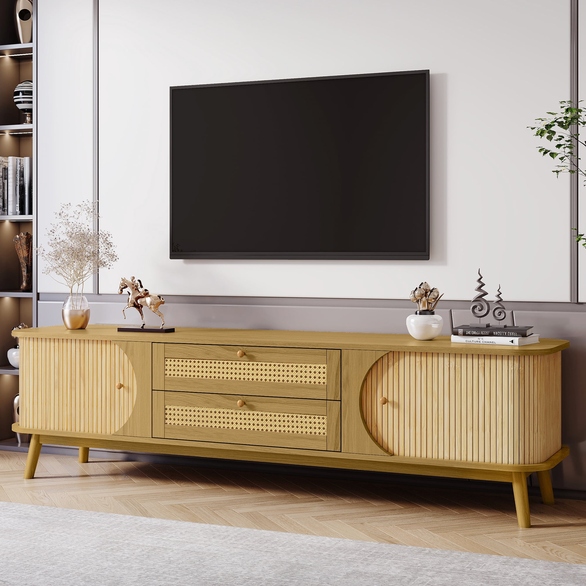 TV Stand for TVs up to 75 Inch, Rattan Entertainment Center with Sliding Doors & Drawers, Media Console with Solid Wood Doors for Living Room