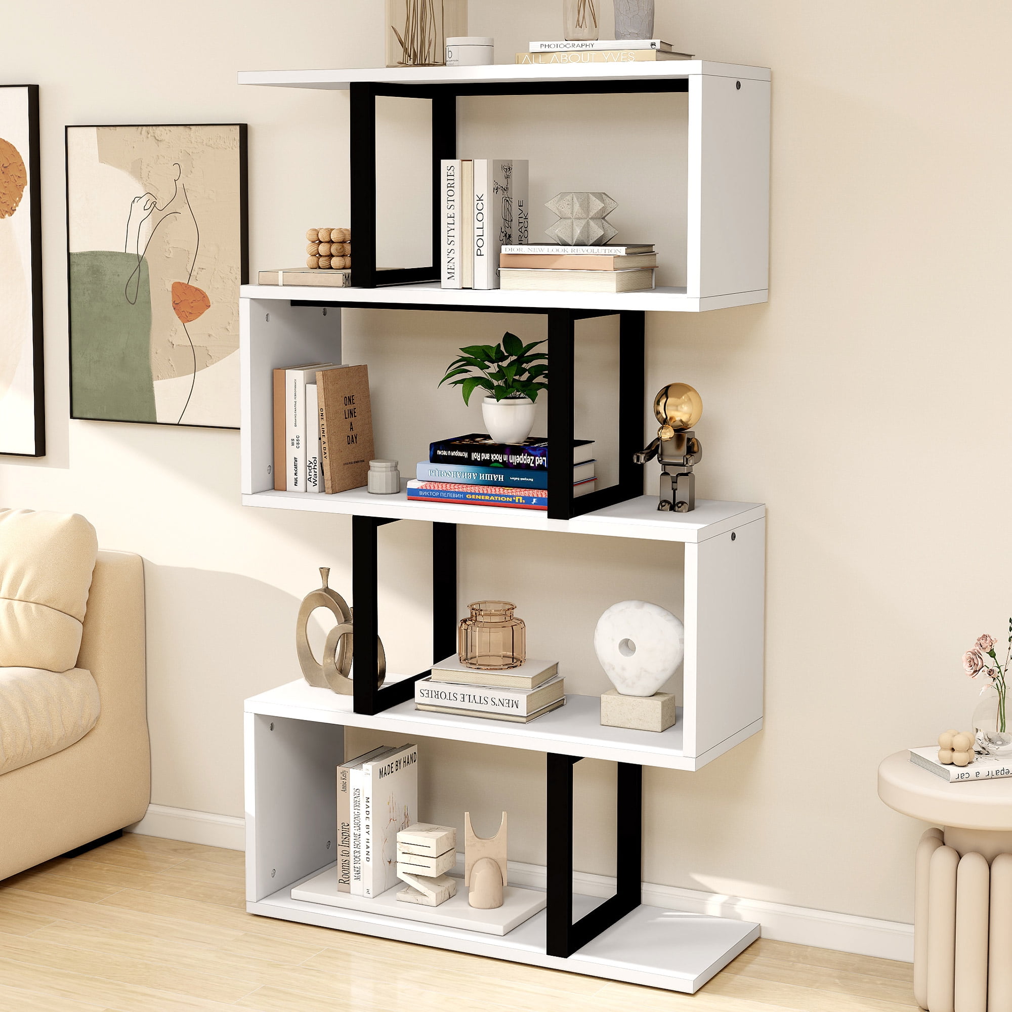 Dextrus 5-Tier S-Shaped Bookshelf, Geometric Bookcase Wooden Z-Shelf Storage Modern Open Shelving, Freestanding Display Bookshelf for Living Room Home Office, White