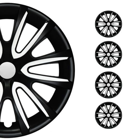 OMAC - Black Matt with White Hub Caps 14 Inch Set of 4, Tapas para Rines 14, Premium Wheel Covers 14 Inch, R14 Rim Cover Set, Snap On Durable Car Replacement Exterior Accessories