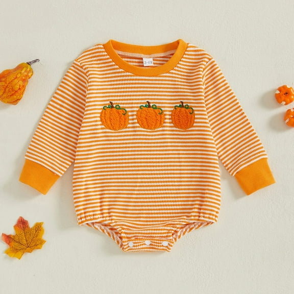 XIMIN Newborn Baby Boy Halloween Outfit Onesie Bubble Romper Bodysuit Long Sleeve Striped Waffle Pumpkin Sweatshirt Bubble Romper Fall Clothes