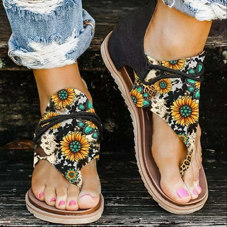 

LoyisViDion Women’S Sandals Clearance Women Summer Clip-Toe Sunflower Shoes Zipper Comfy Flats Casual Beach Sandals Rollback Black 4.5