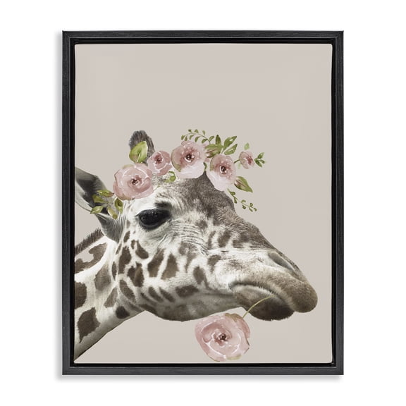 Stupell Industries Cottage Giraffe with Rose Crown Black Floating Frame Canvas Art, 17 x 21, by Nan