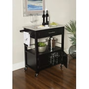 Linon Cameron Wood Granite Top Rolling Kitchen Cart Ample Storage in Black