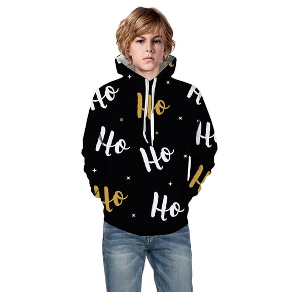 Little Boys' Pullover Hoodie Sweatshirt Unisex Sweatshirt 3D Christmas Letter Printed Pullover Hoodie with Pocket Long Sleeved Fall Winter Clothes Size 5-6T,Black