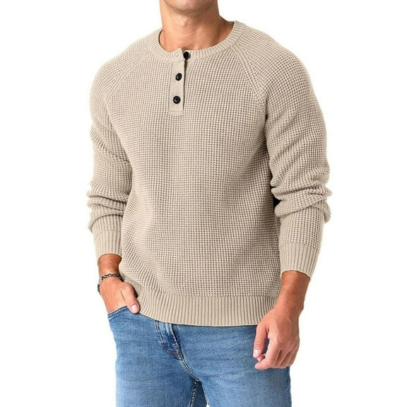 QDG Mens Henley Knit Pullover Sweater Waffle Crewneck Casual Texture Fashion Sweater