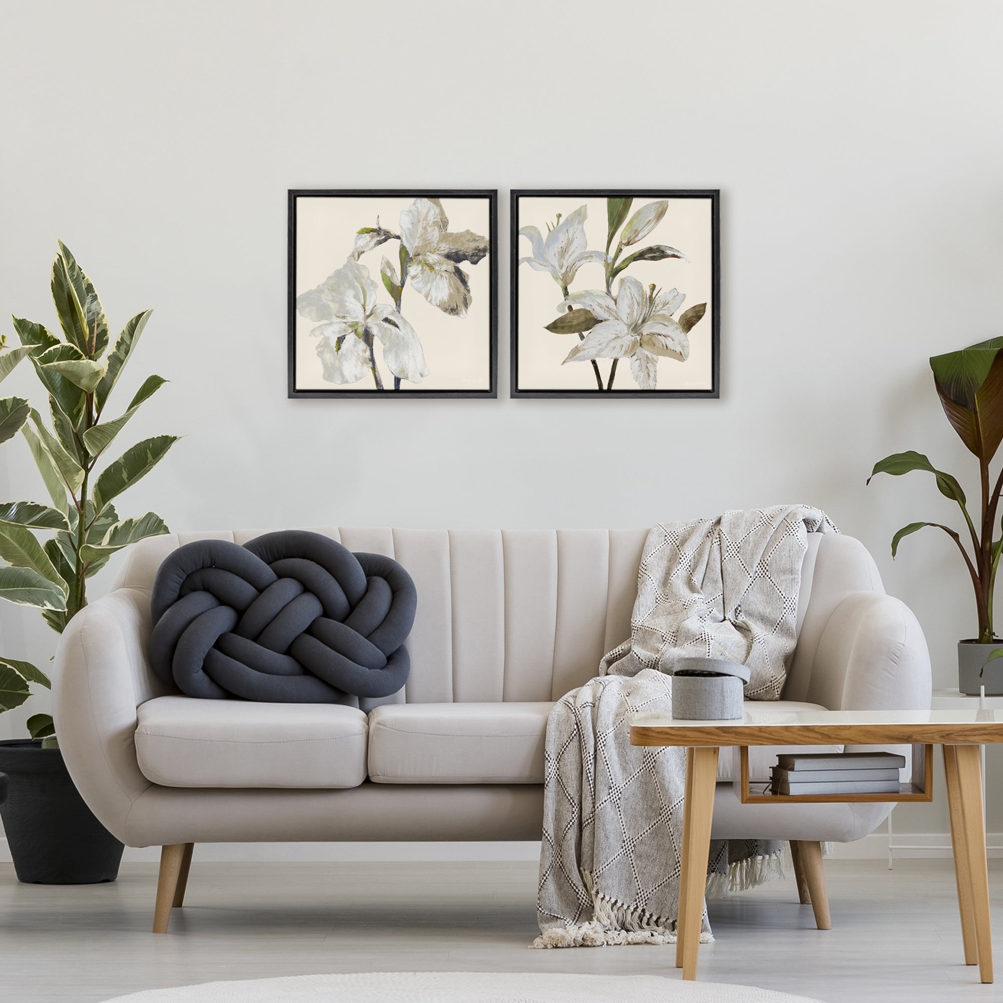 Stupell Industries Irises and Lilies Soft Beige 2 Piece Black Framed Floater Canvas Set, design by Lanie Loreth
