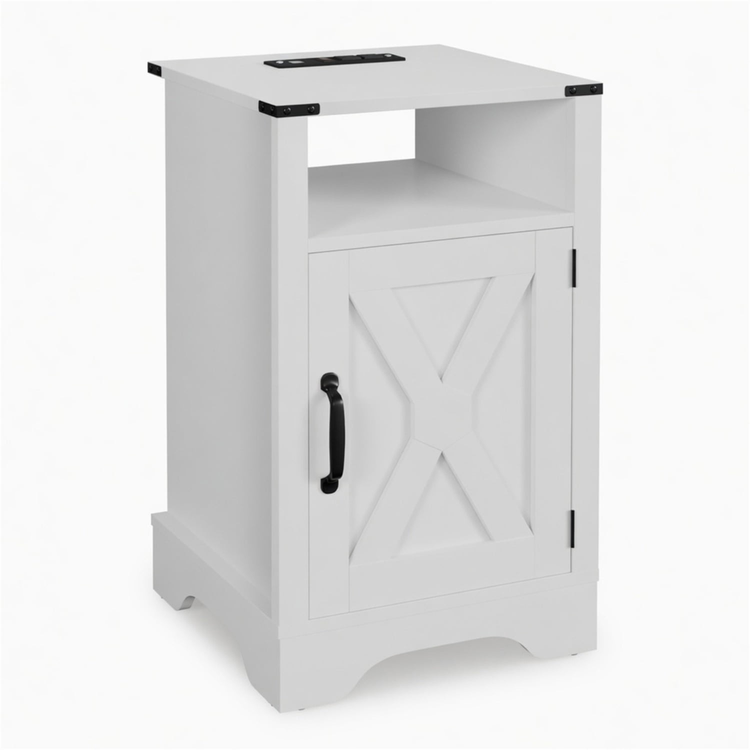 Hommoo 16"W Farmhouse Nightstand Sofa Side Table with Charging Station & Shelf Storage, White