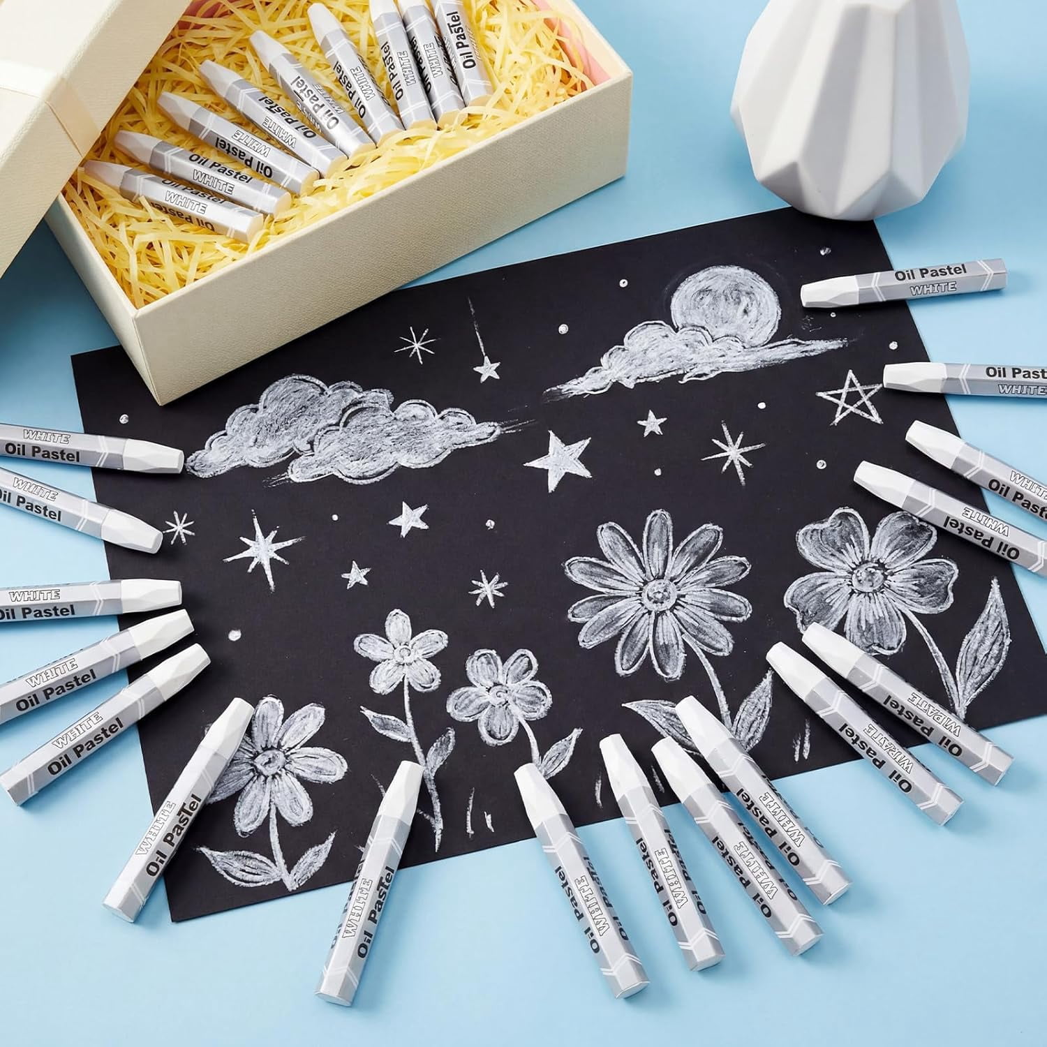 96 Pcs White Soft Oil Pastels Bulk Artists Crayons Single Color Hexagonal Creamy Pastel for Beginners Painting Drawing Relaxing Blending Graffiti Gallery