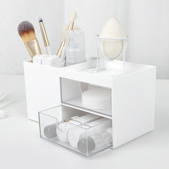 Walbest Plastic Makeup Organizer Storage Station Cube with 2 Drawers for Bathroom Vanity, Cabinet, Countertop - Holds Lip Gloss, Eyeshadow Palettes, Brushes, Blush, Mascara - White/Clear