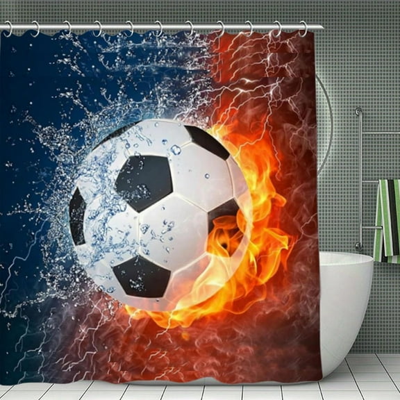 Soccer Fire Shower Curtain，Washable Waterproof Bathroom Shower Curtain Set With Hooks,71x71 Inch