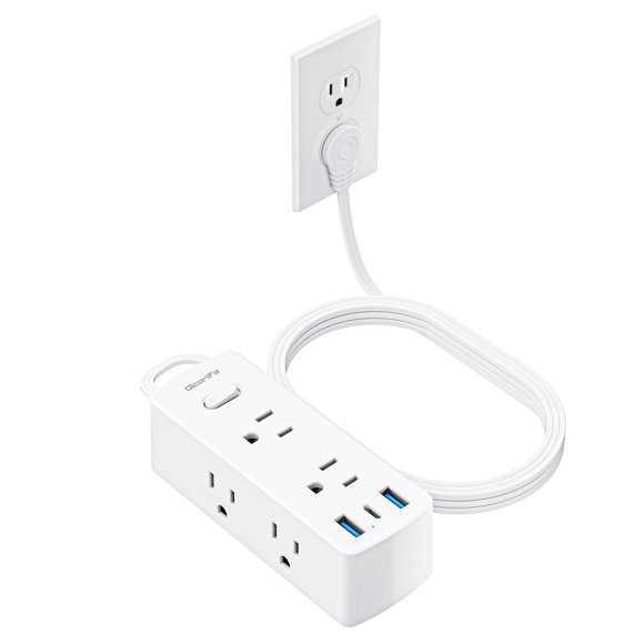 Cable de extensión Olcorife de 15 pies con 6 salidas y 3 puertos USB, blanco