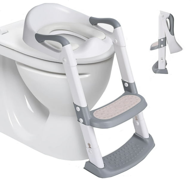 Foldable Potty Training Toilet Seat with Anti-Slip Step Stool Ladder and Soft Padded Cushion, Toddler Baby Toilet Potty Chair with 5 Adjustable Height