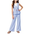thumbnail image 2 of Girls Summer Outfits Striped Sleeveless Tie Front Peplum Top & Casual Wide Leg Pants 2 Piece Cute Matching Clothes Set Blue 11-12 Years, 2 of 9