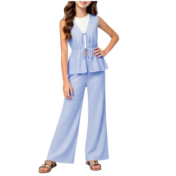 Ynynloco Girl's 2 Piece Summer Outfits Bow Striped Ruffle Peplum Tank Top Matching Wide Leg Pants Cute Clothing Sets 9-16 Years