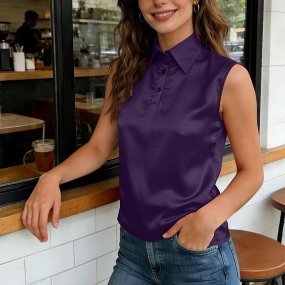 AUNVITO Women's Casual Summer Sleeveless Tank Top with Button-Down Collar Solid Color Fashion