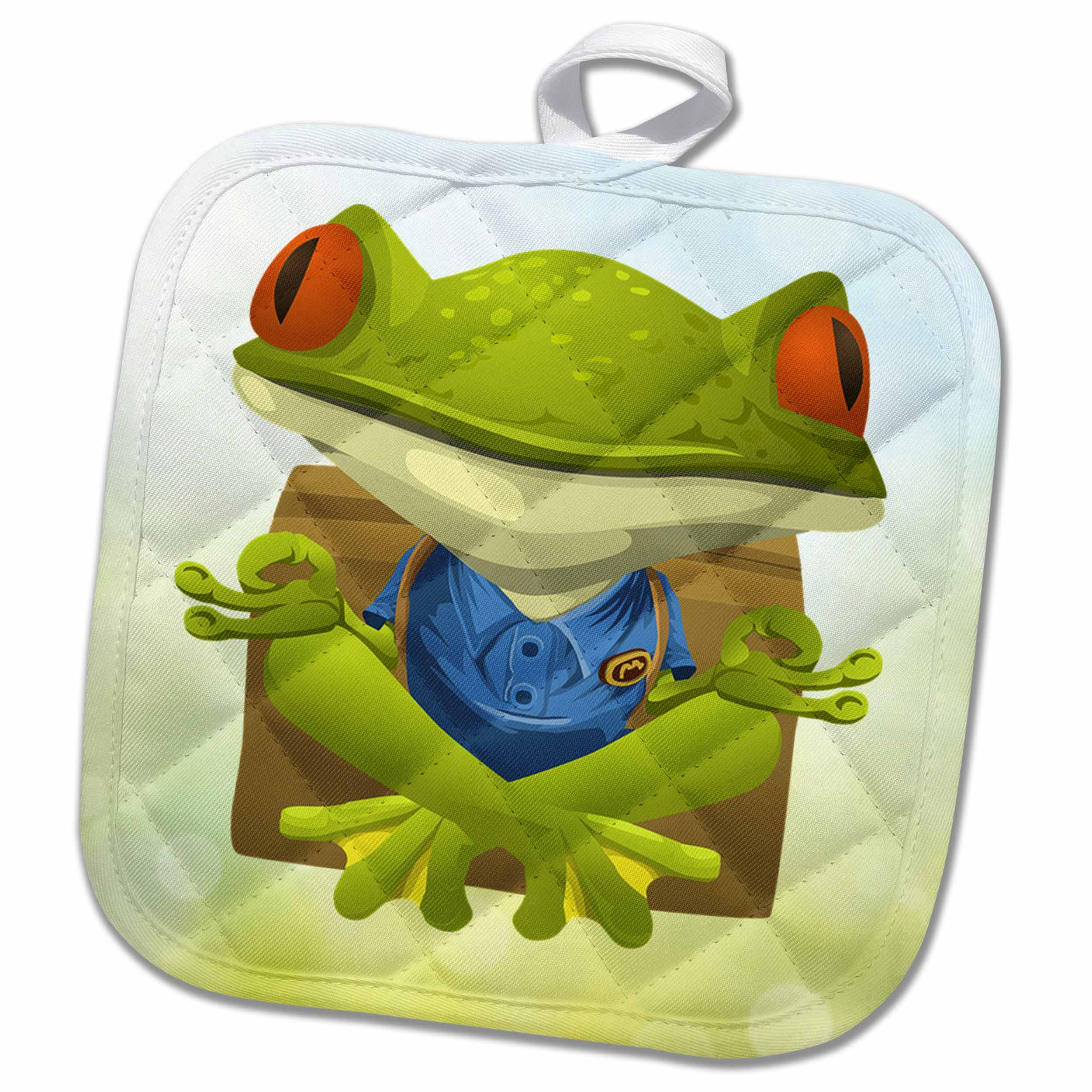 3D Rose Print of Adorable Green Frog On Spring Background Pot Holder 8 x 8