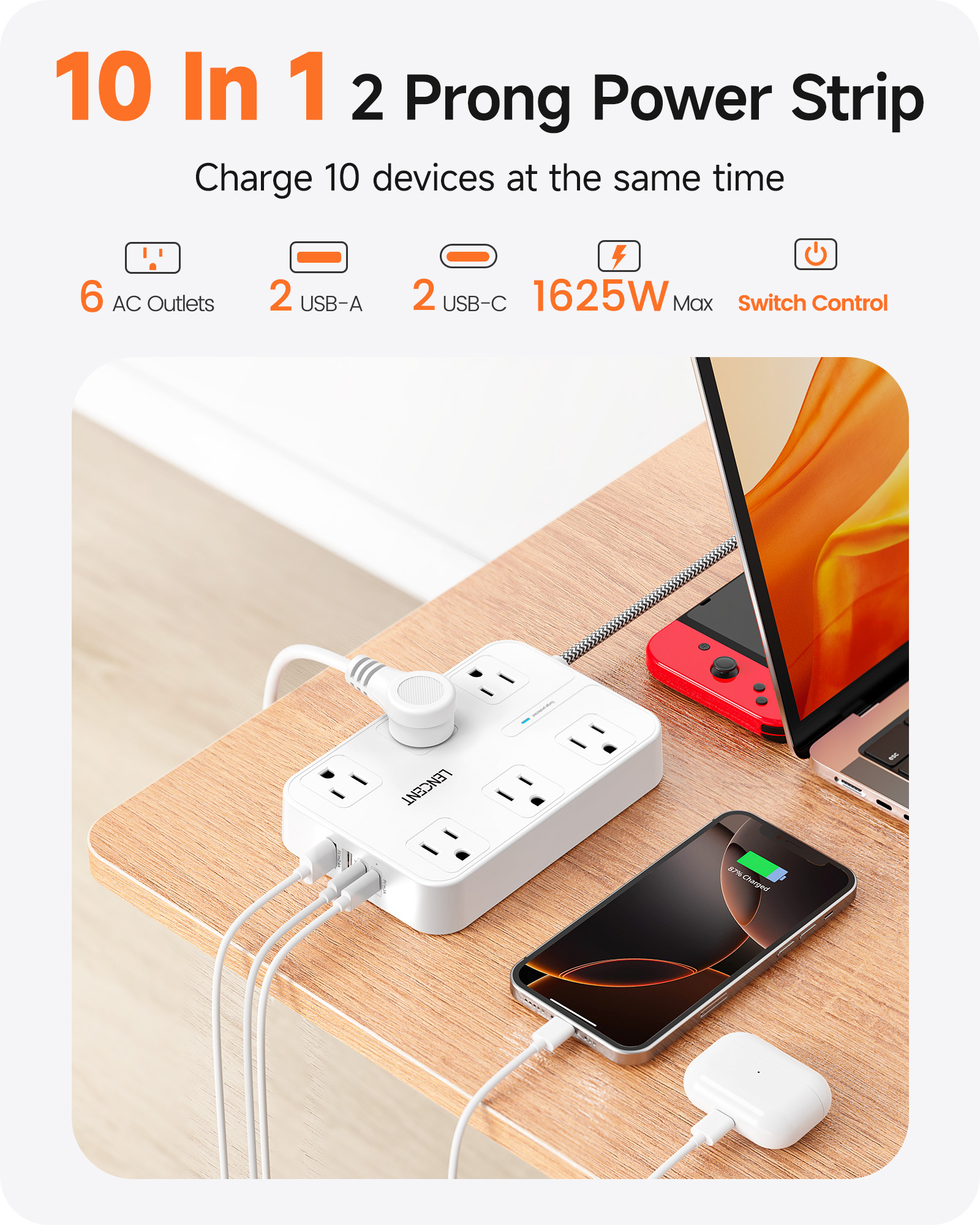 LENCENT 2-Prong Power Strip with 6ft Extension Cord photo 3
